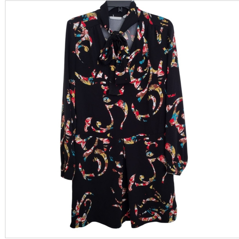 Halogen Multicolor Floral Black Dress With Tie At Neck Size Small